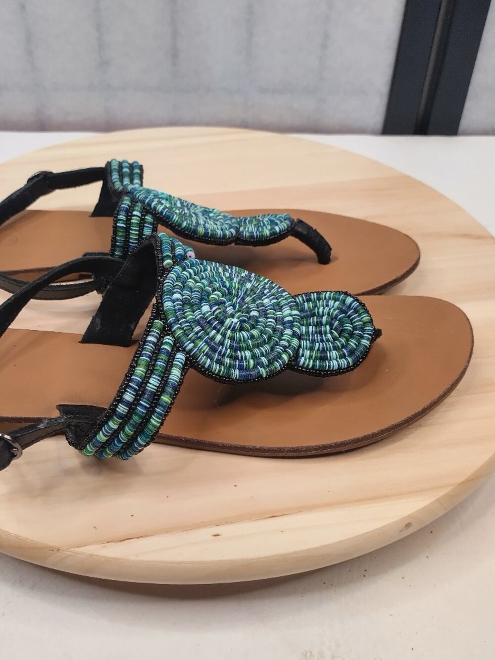 Sandals Blue & Green Beaded Leather Thong Strap Sandals Women US 9